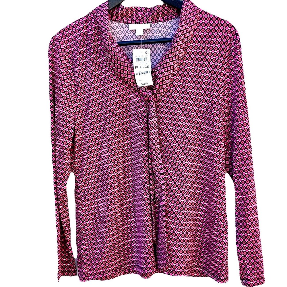 Charter Club Petite Pink Geometric Tie Neck Long Sleeve Blouse PL NEW‎
